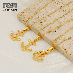 Zogxin Anchor Pendant Necklace 18K Gold Plated Stainless Steel Micro Zircon Women's Clavicle Chain Everyday Wear - Product Image 1