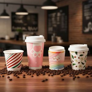 แก้วกาแฟแบบใช้แล้วทิ้ง ย่อยสลายได้ รีไซเคิลได้ ผนังสองชั้น ผลิตจากกระดาษคราฟท์หนา พร้อมฝาปิดสำหรับเครื่องดื่มร้อน/เย็น แบบนำกลับบ้าน - Product Image 2