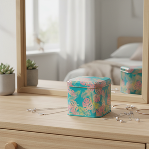 Boîte carrée en étain Kontensan EF014Q3 90x90x80 mm avec couvercle coulissant de 0,6 L pour organiseurs de bijoux - Product Image 3