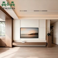 Lemari TV Japandi Modern dengan Enam Laci, Alas Plinth, Panel Grid, Pilar Kayu, dan Pedestal Pajangan