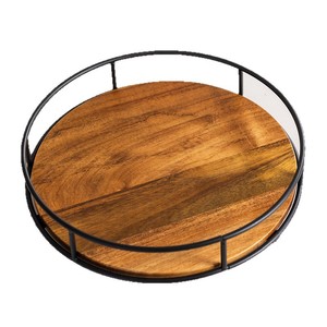 Plateau de rangement rotatif en bois d'acacia et fer forgé, rond, multifonctionnel, organisateur de cuisine sur pied, finition vernie - Product Image 4
