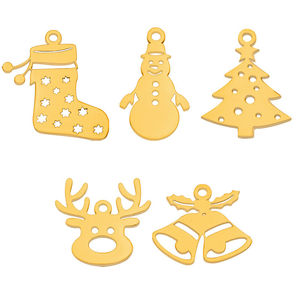 DIY Breloques en acier inoxydable plaqué or 18 carats, motifs ajourés : arbres de Noël, cloches, bonhommes de neige, élan, pour la fabrication de bijoux - Product Image 1