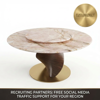 Table à manger de luxe en quartz rose naturel, plateau rotatif double couche en pierre, pieds en chêne plaqué noyer en spirale, finition or rose réglable