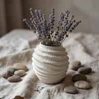 Vas Keramik Lukis Tangan Bergaris Berlapis Gaya Nordik Putih Bertumpuk Motif Bunga Lavender Grosir Modern Wabi-Sabi untuk Rumah