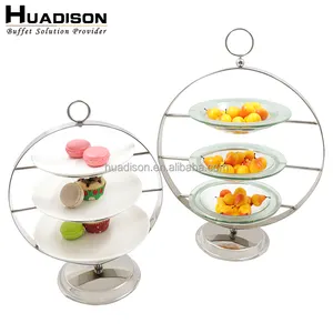 Huadison buffet equipamentos aço inoxidável placa rack três camadas lanche rack com vidro bandeja