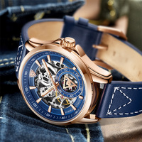 Montre mécanique automatique pour homme Mark Fairwhale, mouvement squelette, boîtier en acier inoxydable, bracelet en cuir, étanche 30M, aiguilles FW-6220