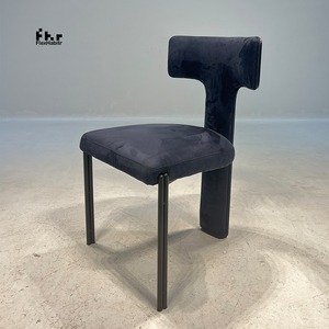 Contemporary Artistic T-Back <b>Dining</b> Chair Dark Blue Velvet Black Frame for Commercial Villa - Product Image 2