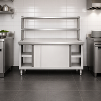 RVS keukenwerktafel met dubbele bovenste plank en schuifdeur onderste opbergkast op maat 201 304