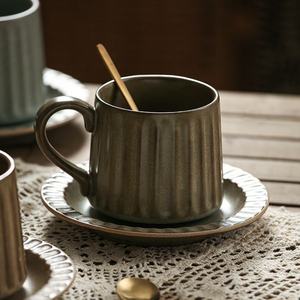Vintage Retro Reactive Glazed Ceramic <strong>Cup</strong> and Saucer Set Custom Coffee Tea Mug Elegant Ribbed Drinkware for Home Gift Wholesale - Product Image 2
