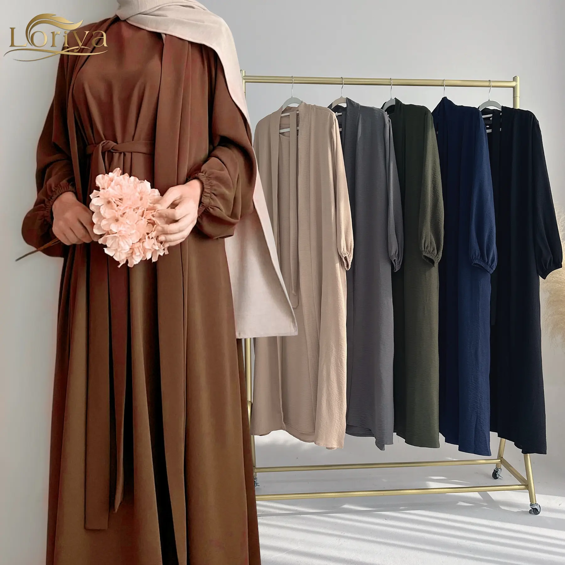 Loriya 2024 Wholesale Latest 2 Piece Abaya Set Plain Abaya EID Ramadan Islamic Clothing Women Muslim Dress