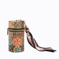 Porte-clés cylindrique à motif rétro, mini pochette en PU pour rouge à lèvres et monnaie, rangement portable pour écouteurs avec foulard en soie
