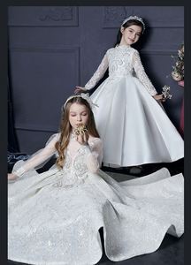 Robes de cérémonie pour enfants de haute qualité, brodées et ornées de perles, avec nœud, pour demoiselles d'honneur, mariage, communion, concours de beauté et fêtes, blanches - Product Image 6