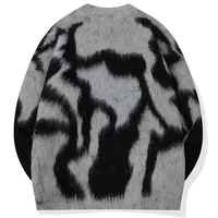 Pull en maille graphique à col en V pour homme, motif artistique bleu et blanc, haut en maille, pull doux à col ras du cou, pulls en mohair