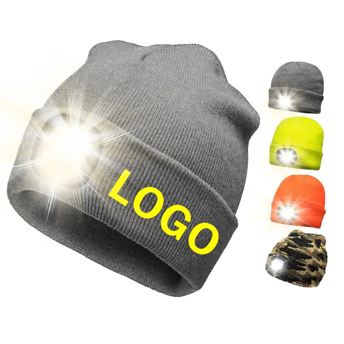 USB Sạc LED Head Light Mùa Đông Nhiệt Dệt Kim Khuy Tùy Chỉnh Beanie Hat Toque Với Head Lamp Torch Văn Bản Thêu Logo