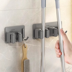 Stainless Steel Mop <b>Hook</b> Wall Mounted Adhesive Storage Holder For Bathroom Cleaning <b>Tools</b> - Product Image 1