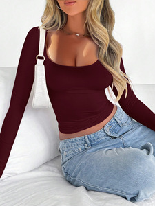 Y2K Sexy Slim Fit <strong>Long</strong> <strong>Sleeve</strong> <strong>Tops</strong> for Women <strong>Square</strong> <strong>Neck</strong> Solid Color Stretch T-shirt Spring Summer 2026 Fashion - Product Image 3