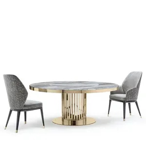 Light luxury stainless steel high-end combination villa home modern simple round marble dining table