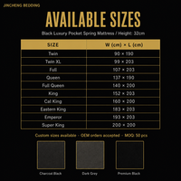 Matelas de luxe noir à ressorts ensachés, taille King Queen, qualité hôtelière, avec surmatelas, vente en gros OEM