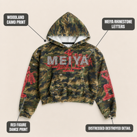 Sweat à capuche homme personnalisé 420GSM Olive, motif camouflage Woodland, lettres en strass, imprimé motif rouge, effet vieilli et déchiré, coupe carrée courte pour le streetwear