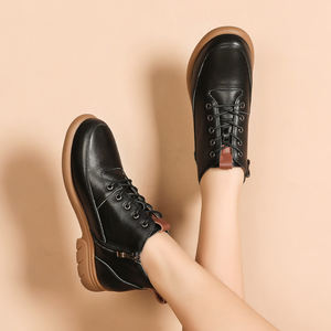 รองเท้าบูทหุ้มข้อสูงหนังนิ่มสีน้ำตาลสำหรับผู้หญิง แบบผูกเชือกและซิป ดีไซน์ทันสมัย ส้นหนา พื้นนุ่ม สวมใส่สบาย เหมาะสำหรับฤดูใบไม้ร่วงและฤดูหนาว - Product Image 4