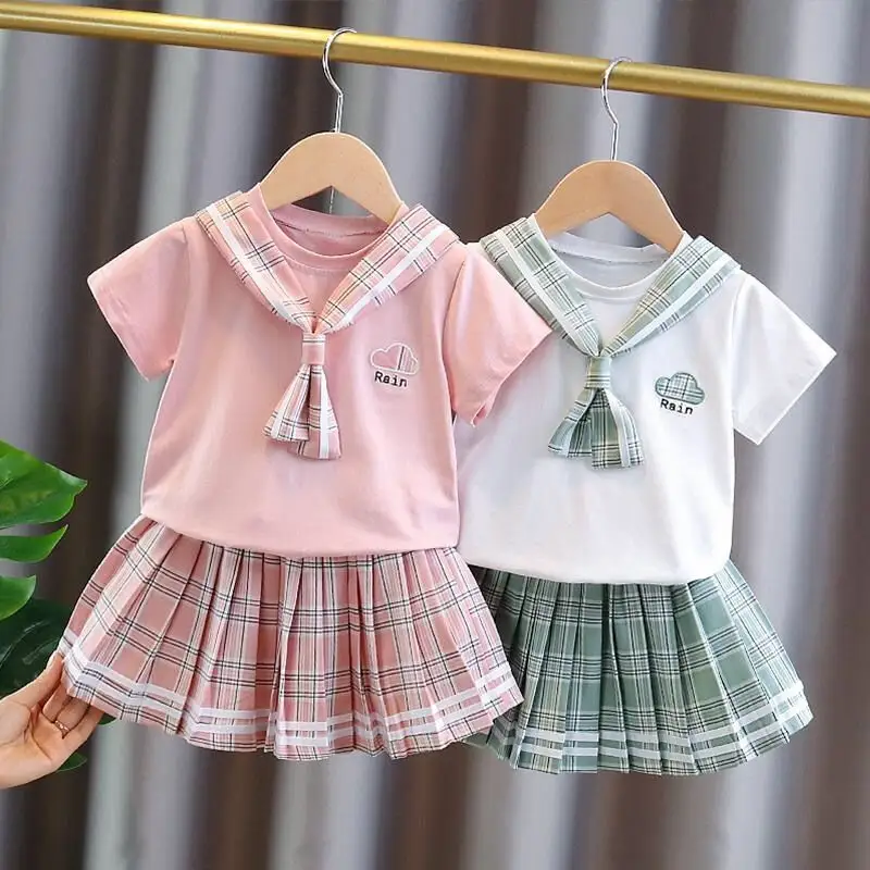 New style spring girls College style sub-tie short sleeved pleated skirt two-piece set