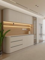 Buffet mural intégré moderne, simple et luxueux, éco-responsable, avec rangement pour salle à manger et cave à vin, en bois massif, garantie 5 ans