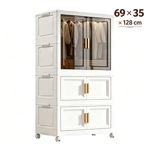 Armoire de rangement pliable et empilable pour vêtements, 3 niveaux, en PP, avec <span class=keywords><strong>porte</strong></span> transparente et roulettes mobiles, sans installation - Product Image 1