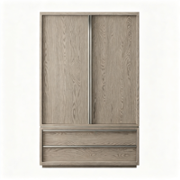 Armoire coulissante moderne minimaliste en bois massif avec 2 tiroirs, panneau plat, grain de chêne vieilli, armoires de chambre autoportantes