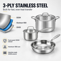 Ensemble d'ustensiles de cuisine en acier inoxydable 304 triple couche à induction, de luxe moderne, de haute qualité, hybride 3 couches, pour la vente en gros