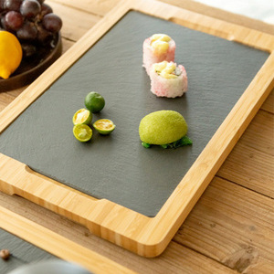 Stone Slab Serving <b>Board</b> With Wooden Frame For Steak BBQ Pizza Platter Dishware Set - Product Image 2