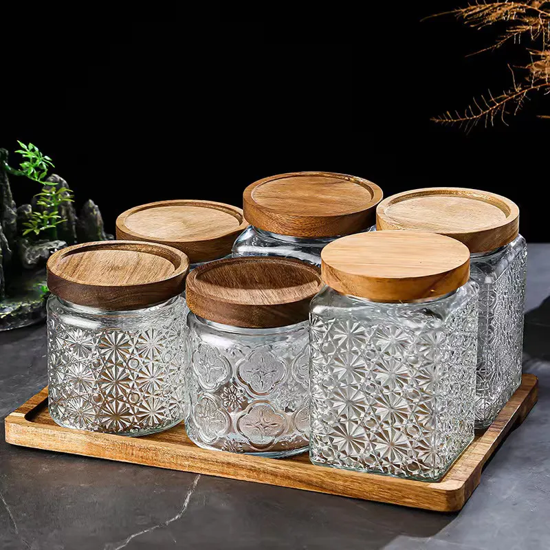 24Oz Hoge Borosilicate Reliëf Glazen Pot Met Luchtdichte Bamboe Houten Deksel
