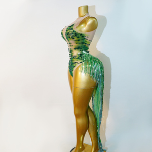 Justaucorps vert émeraude à franges de strass, style déesse amazonienne tropicale, pour artiste de scène, diva, drag queen, tenue de danse exotique - Product Image 3