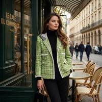 Veste en tweed luxueuse pour femme, vert citron, simple boutonnage, à carreaux, en bouclé, col rond, avec franges, manteau de printemps