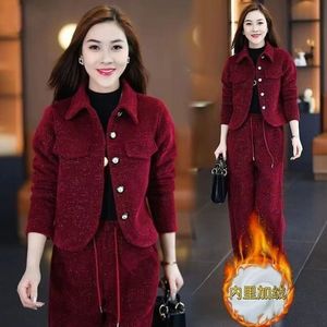 Ensemble deux pièces pour <span class=keywords><strong>femme</strong></span> en molleton gaufré, veste boutonnée et pantalon à cordon de serrage, tenue décontractée et chaude pour l'hiver - Product Image 2