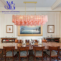 Lustre linéaire double niveau en verre côtelé rose, style médiéval français, luxe léger, pour villa, salle à manger, îlot de cuisine
