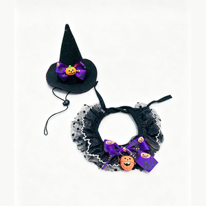 Ensemble bavoir et chapeau pour chat Halloween, motif color block violet et jaune, accessoires de déguisement pour animaux de compagnie, vente en gros - Product Image 5