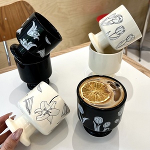 Tasse en porcelaine pour aromathérapie florale, noire et blanche, idéale pour le thé de l'après-midi, le café, le yaourt, la crème glacée, résistante aux hautes températures - Product Image 1