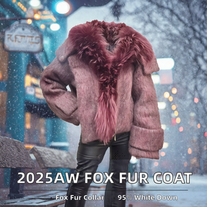 2025AW Winter Damen Luxus Fuchspelzkragen Flauschiger Wollmantel mit Reißverschluss und Knöpfen, Weißer Gänsedaunenmantel mit Abnehmbarem Kragen, Premium OEM Private Label - Product Image 2