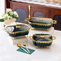 Plat de Cuisson Rectangulaire en Céramique avec Support Doré, Luxe Hôtelier, Vaisselle de Soupe Sèche pour la Cuisson et le Chauffage à la Bougie