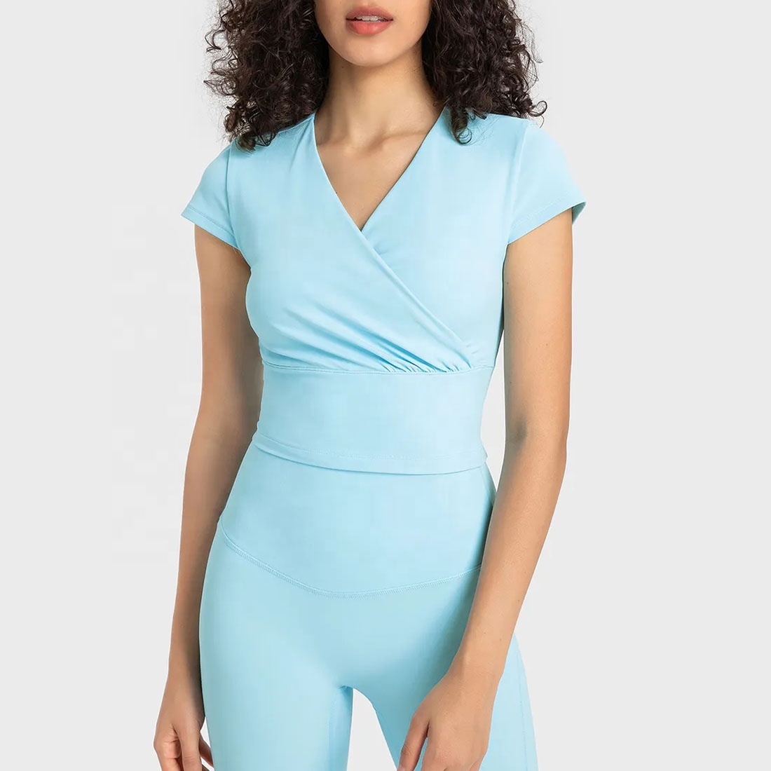 Wholesale Women Yoga Cropped Top Sexy V Neck Quick Dry 4-way Stretch Short Sleeve T Shirts Gym Sport Wear Tee