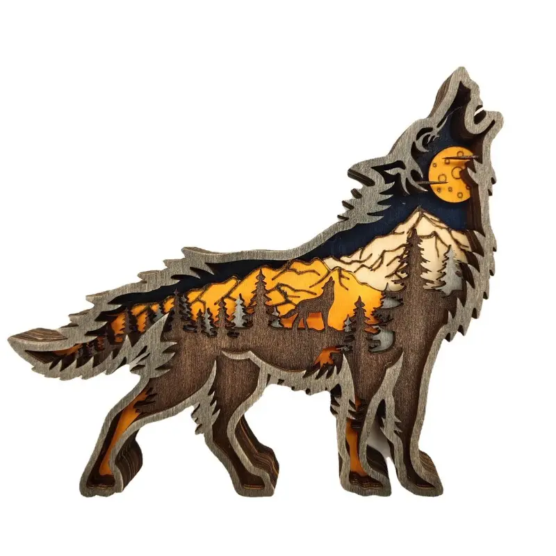 Wholesale/Customized Christmas Wood Wolf Decoration Wood Animal Ornaments with Lights Home Wood Decor