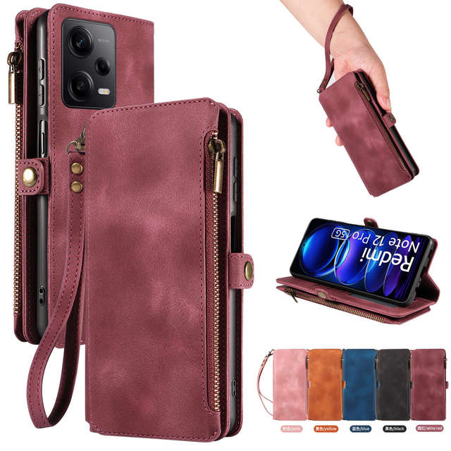 For Redmi Note 12 Pro 5G Leather Case Strap Zipper Wallet Pouch 9 Card Slots Kickstand Phone Cover