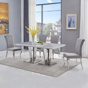 美学优雅设计4座餐桌套装纯灰色人造大理石不锈钢家庭餐桌