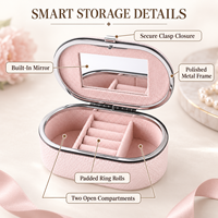 Boîte à bijoux ovale en cuir PU avec logo personnalisé, miroir, cadre en métal, organiseur de bijoux, doublure en velours doux, compartiments personnalisés pour bagues