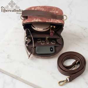Mauve Round Crossbody Sling Bag Jacquard Circle Purse Adjustable Vegan Leather Strap <b>Boho</b> Bag - Product Image 3