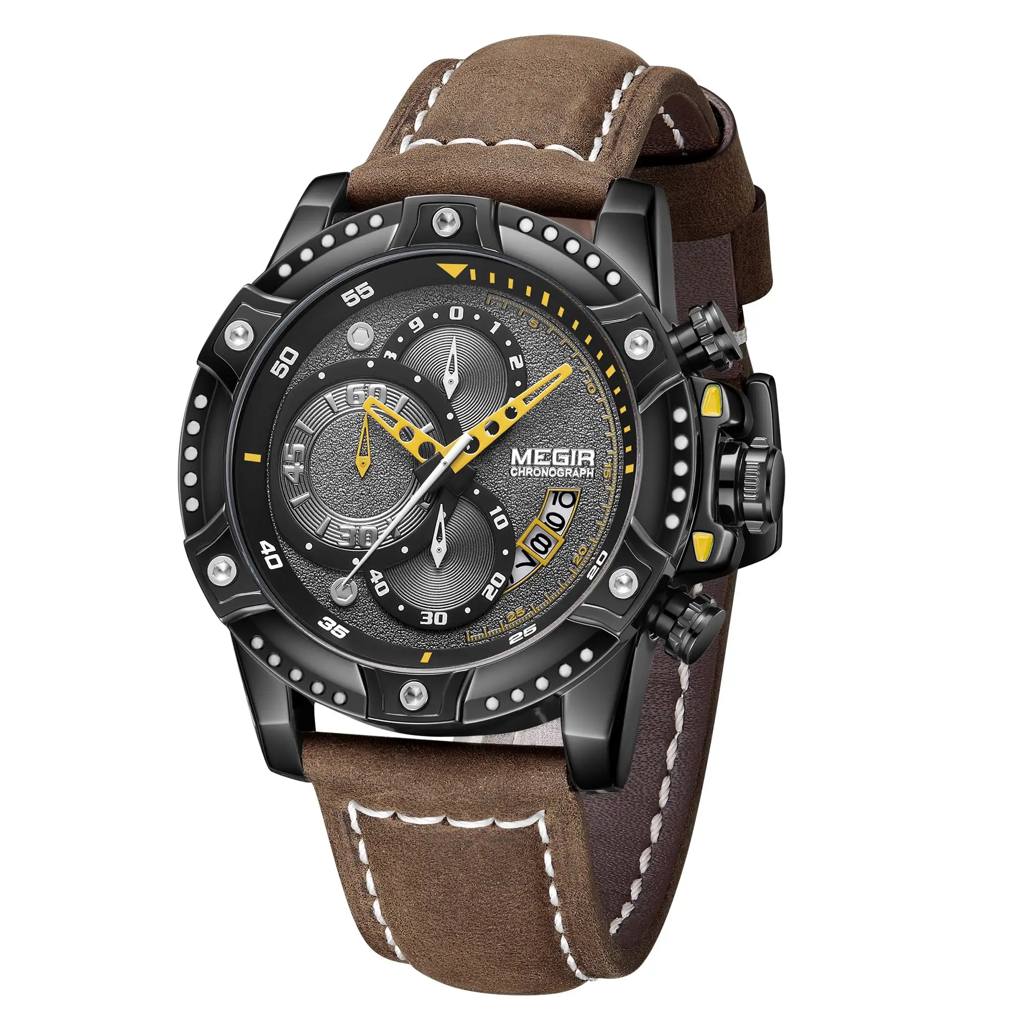 Relógio MEGIR 2130 para homens de negócios, relógio de couro marrom para homens, relógio popular de quartzo com logotipo personalizado, atacado