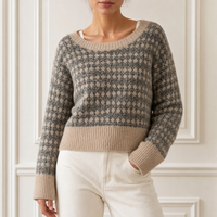 Pull en maille col rond personnalisé pour femme, couleur avoine et noir, jacquard géométrique, épaules tombantes, usine OEM ODM