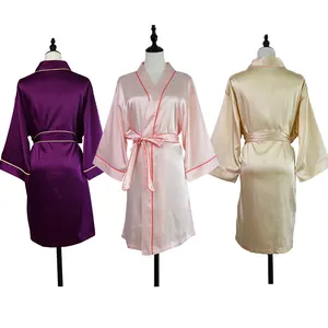 In Stock 20 Colors Satin Silk Multi Colors Women Sleep Wear Robes with Piping Satin Wedding Silk Bridal Bridesmaid Robe