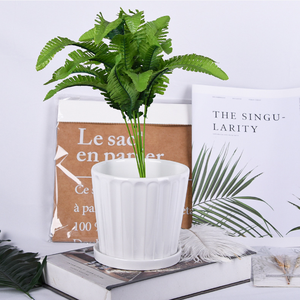 Nordic Style White Stripe Ceramic Flower Plants Pots with Tray Home Decor Garden Supplies Elegant Garden Pots & Planters