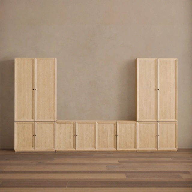 Monumental Villa Modular TV Unit, Luxury Natural Oak Entertainment Center, Grand Project Scaled Multi-Cabinet Storage Solution